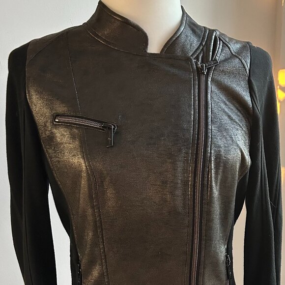 Luisa Cerano Black Metallic Versatile Mixed-Media Moto Jacket Double-Zip – US XS - Picture 3 of 14